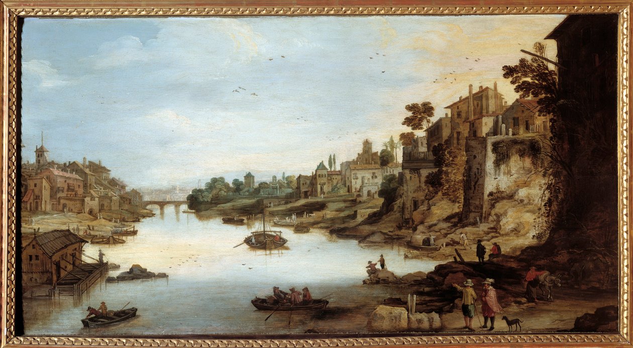 منظر لنهر التيبر (Tevere) في روما منزل على ركائز متينة على اليسار. اللوحة بواسطة Josse Momper II (1564-1635) بواسطة Joos أو Josse de The Younger Momper