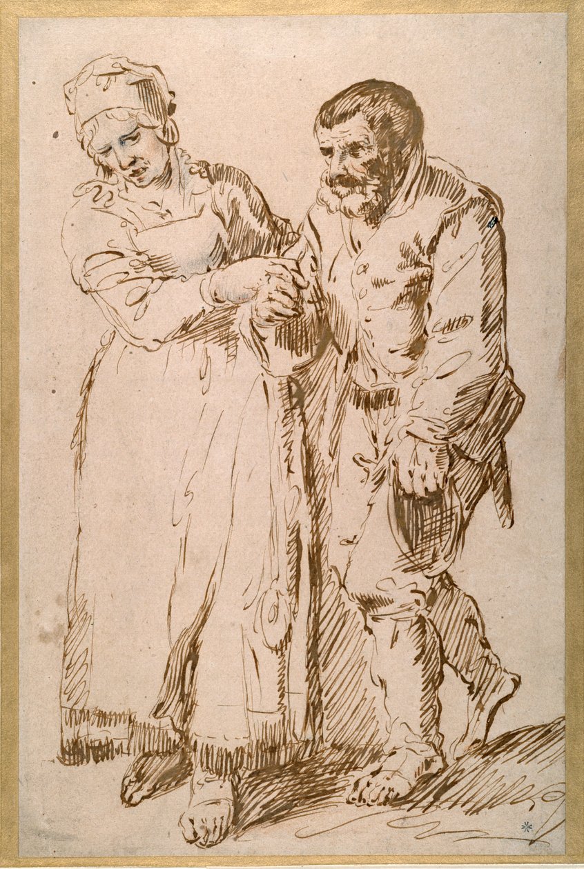 The steps of an elderly peasant guided by his wife (pen & ink with chalk on paper) بواسطة Joos van (Attr. To) Craesbeeck