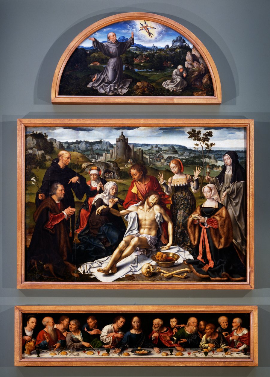 Altarpiece of the deposition, with the stigmata of St Francis, the deposition of Christ and the Last Supper from the Church of the Friars Minor in Genoa, c.1520 بواسطة جوس فان كليف
