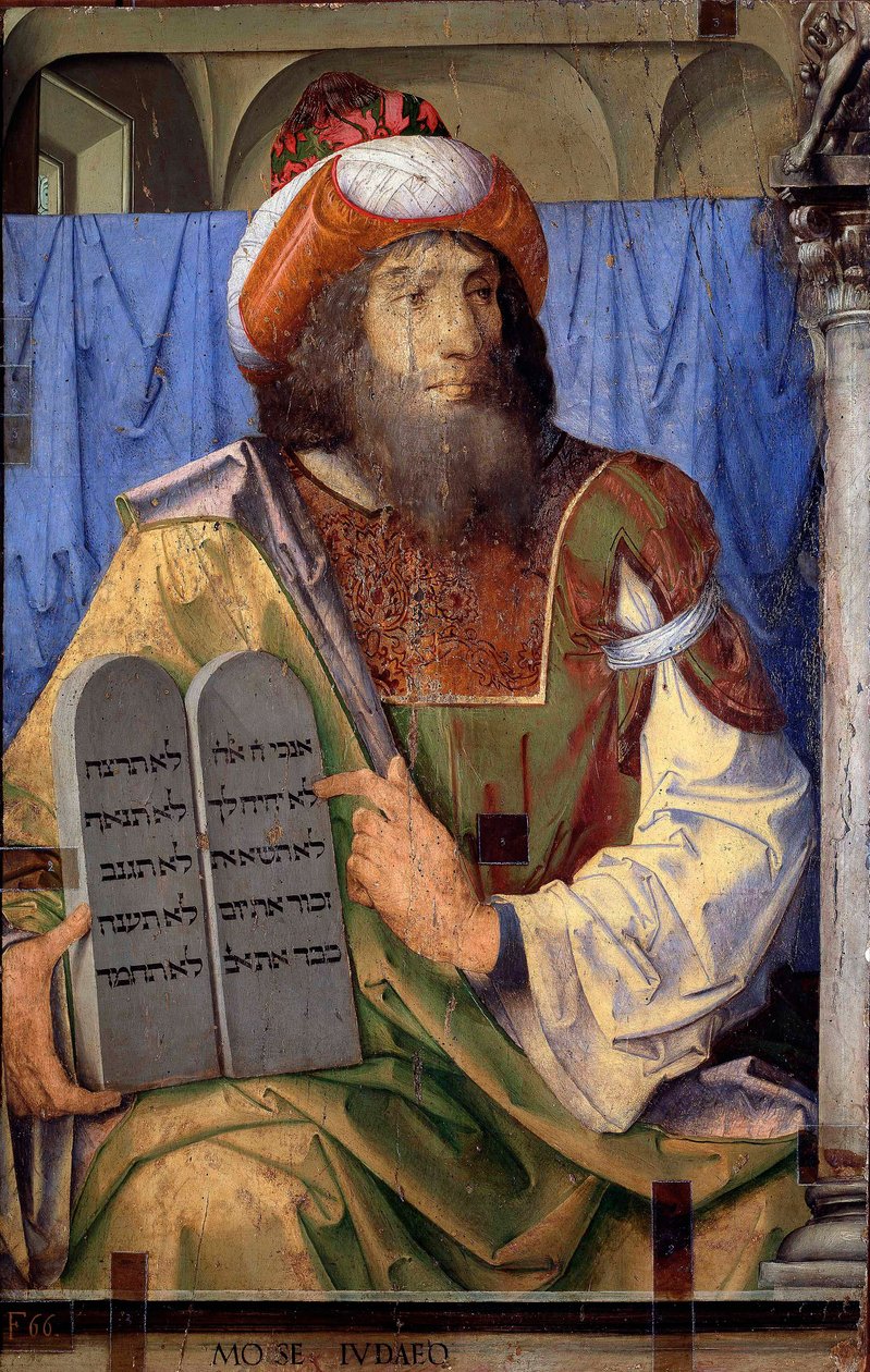 Portraits of illustrious men: Moses and tables of law. Painting by Joos van Wassenhove (or Justus van Gent also known as Josse or Jodocus of Ghent, or Giusto di Ghent or Juste de Ghent, active between 1460-1475). Painting on wood. Dim: 74 x 115 cm. Museo N بواسطة Joos van Gent (fl. 1460 75)