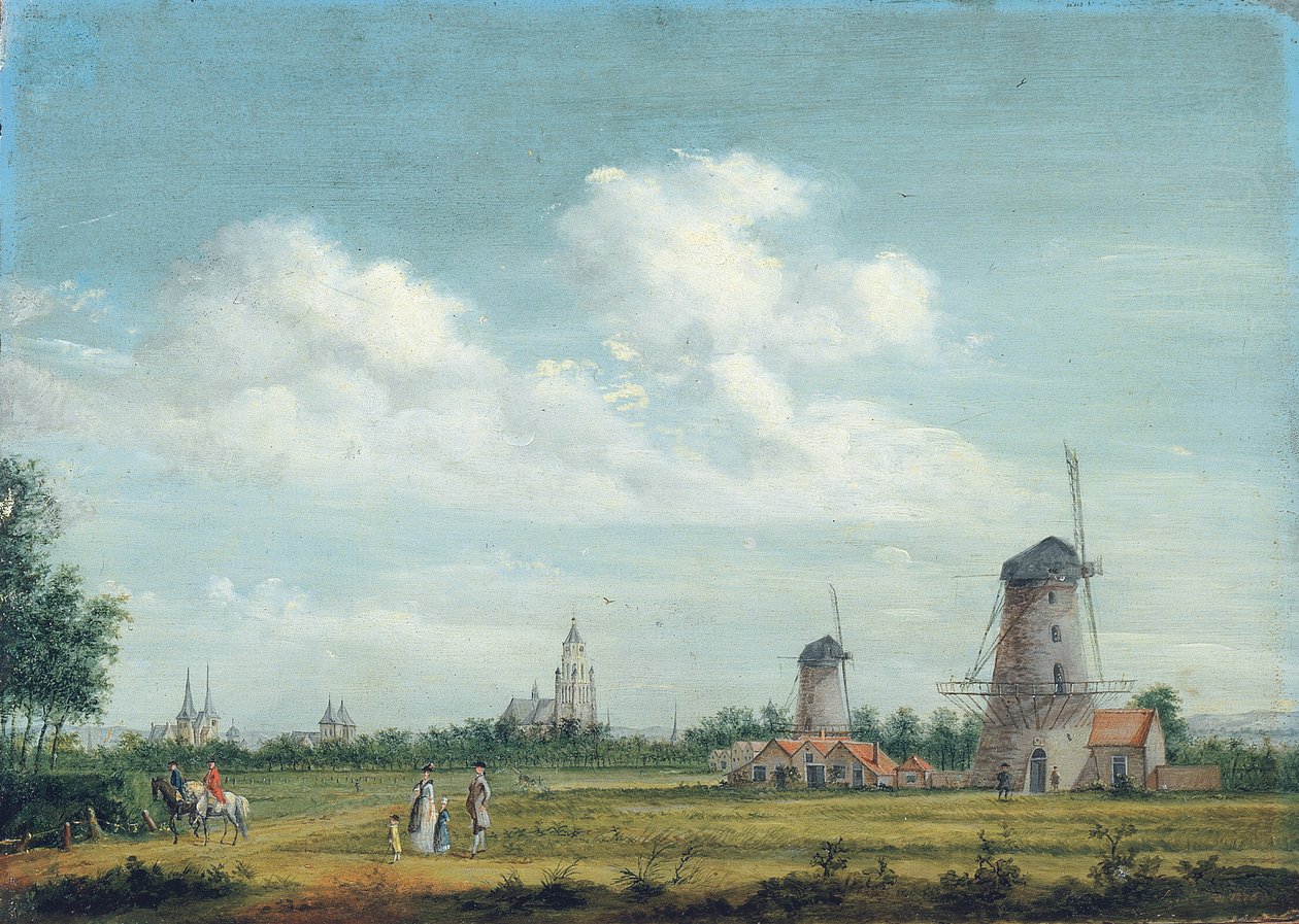 منظر لأرنهيم مع St. Walburgskerk على اليسار و Grote Kerk على يمين متنزه المدينة الأنيق القريب ، 1776 بواسطة جوردانوس هورن