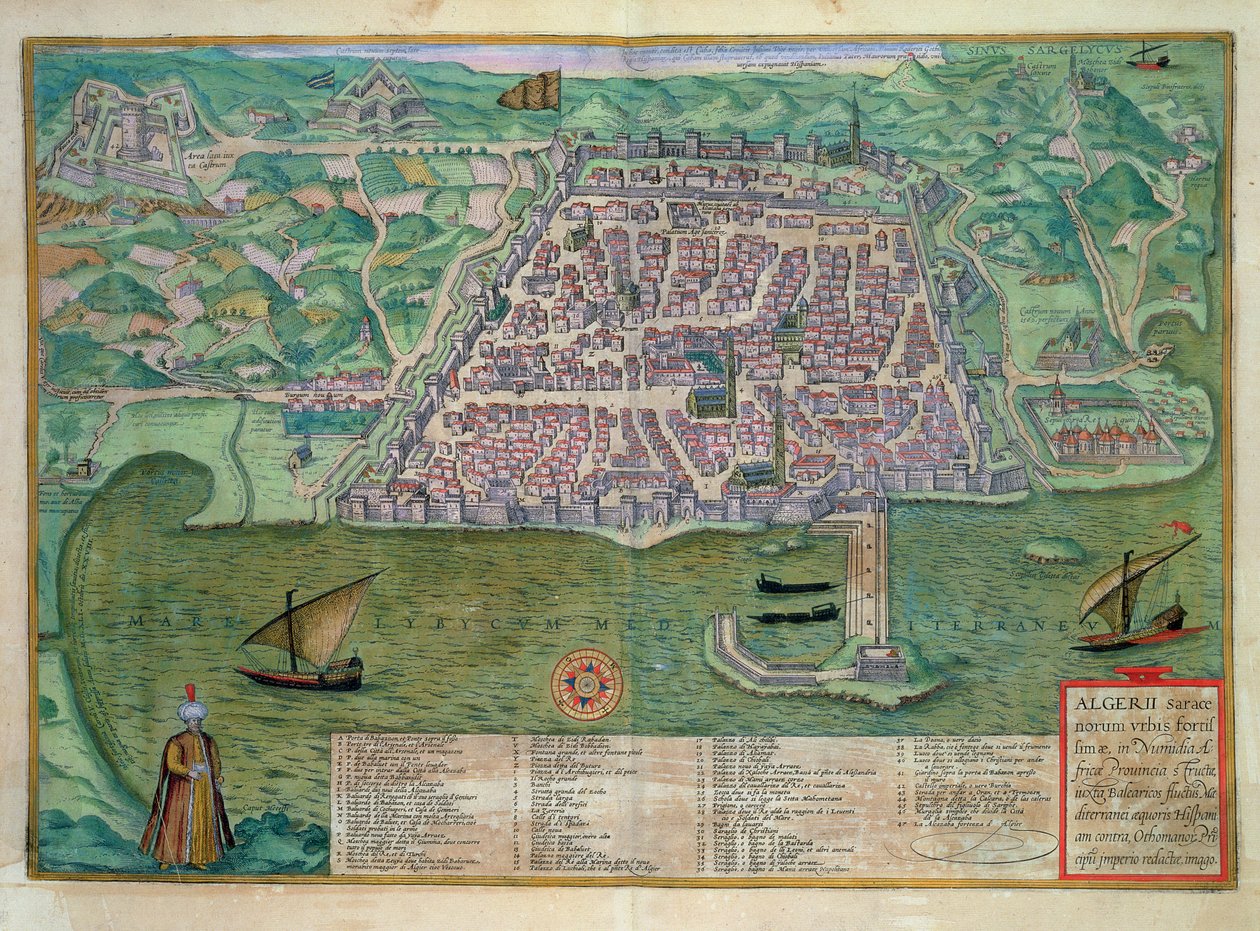 خريطة الجزائر ، من كتاب "Civitates Orbis Terrarum" بقلم جورج براون (1541-1622) وفرانس هوغنبرغ (1535-90) ، حوالي 1572 (نقش ملون) بواسطة جوريس (بعد) هوفناجل