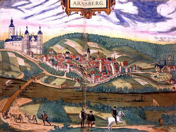 خريطة Arnsberg ، من "Civitates Orbis Terrarum" بقلم جورج براون (1541-1622) وفرانس هوغنبرغ (1535-90) حوالي 1572-1617 (نقش ملون) بواسطة جوريس (بعد) هوفناجل