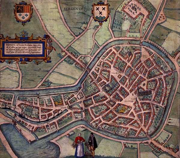 خريطة Bergen op Zoom ، من "Civitates Orbis Terrarum" بواسطة Georg Braun (1541-1622) و Frans Hogenberg (1535-90) c.1572-1617 (نقش ملون) بواسطة جوريس (بعد) هوفناجل