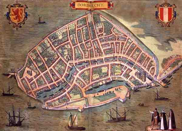 خريطة دوردريخت ، من "Civitates Orbis Terrarum" بقلم جورج براون (1541-1622) وفرانس هوغنبرغ (1535-90) ، حوالي 1572 (نقش ملون) بواسطة جوريس (بعد) هوفناجل