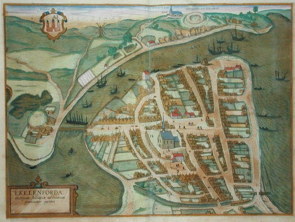 خريطة Ekelenforde ، من "Civitates Orbis Terrarum" بواسطة Georg Braun (1541-1622) و Frans Hogenburg (1535-90) ، حوالي 1572 (نقش ملون) بواسطة جوريس (بعد) هوفناجل