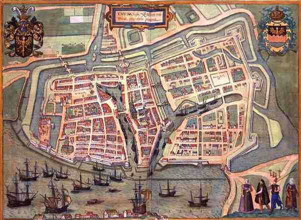 خريطة Embden ، من "Civitates Orbis Terrarum" بقلم جورج براون (1541-1622) وفرانس هوغنبرغ (1535-90) ، حوالي 1572 (نقش ملون) بواسطة جوريس (بعد) هوفناجل