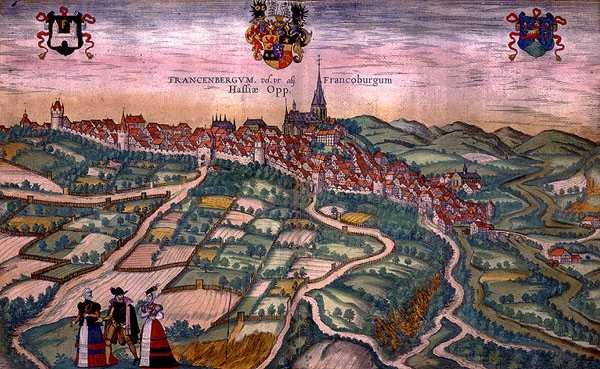 خريطة فرانكنبورغ ، من "Civitates Orbis Terrarum" بقلم جورج براون (1541-1622) وفرانس هوغنبرغ (1535-90) حوالي 1572-1617 (نقش ملون) بواسطة جوريس (بعد) هوفناجل