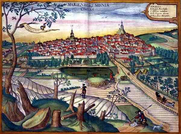 خريطة Marienburg ، من "Civitates Orbis Terrarum" بقلم جورج براون (1541-1622) وفرانس هوغنبرغ (1535-90) ، حوالي 1572 (نقش ملون) بواسطة جوريس (بعد) هوفناجل