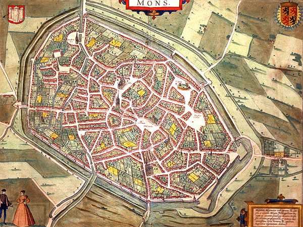 خريطة مونس ، من "Civitates Orbis Terrarum" بقلم جورج براون (1541-1622) وفرانس هوغنبرغ (1535-90) حوالي 1572-1617 (نقش ملون) بواسطة جوريس (بعد) هوفناجل