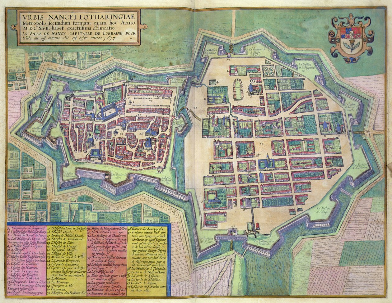 خريطة نانسي ، من "Civitates Orbis Terrarum" بقلم جورج براون (1541-1622) وفرانس هوغنبرغ (1535-90) حوالي 1572-1617 (نقش ملون) بواسطة جوريس (بعد) هوفناجل