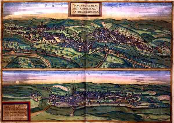 خريطة براغ والبيض ، من "Civitates Orbis Terrarum" بقلم جورج براون (1541-1622) وفرانس هوغنبرغ (1535-90) ، حوالي 1572 (نقش ملون) بواسطة جوريس (بعد) هوفناجل