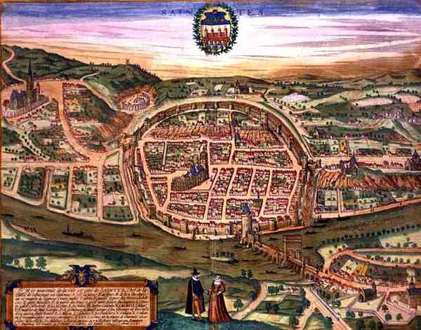 خريطة سانتس ، من "Civitates Orbis Terrarum" بقلم جورج براون (1541-1622) وفرانس هوغنبرغ (1535-90) بواسطة جوريس (بعد) هوفناجل