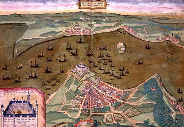 خريطة سوند ، من "Civitates Orbis Terrarum" بقلم جورج براون (1541-1622) وفرانس هوغنبرغ (1535-90) حوالي 1572-1617 (نقش ملون) بواسطة جوريس (بعد) هوفناجل