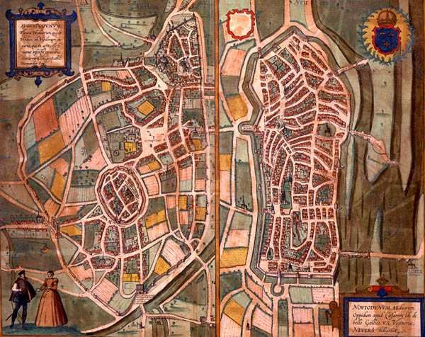 خرائط Autun and Nevers ، من "Civitates Orbis Terrarum" بواسطة Georg Braun (1541-1622) و Frans Hogenberg (1535-90) c.1572-1617 (نقش ملون) بواسطة جوريس (بعد) هوفناجل