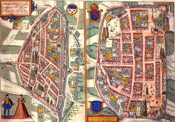 خرائط شارتر ودونوا ، من "Civitates Orbis Terrarum" بقلم جورج براون (1541-1622) وفرانس هوغنبرغ (1535-90) حوالي 1572-1617 (نقش ملون) بواسطة جوريس (بعد) هوفناجل