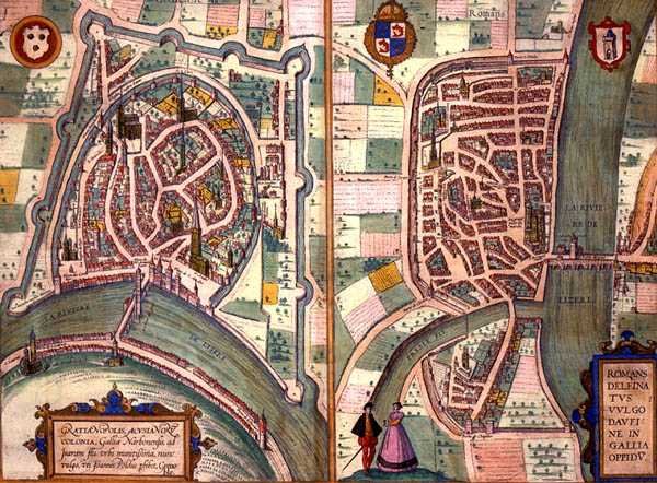 خرائط غرونوبل ورومان سور إيزري ، من "Civitates Orbis Terrarum" بقلم جورج براون (1541-1622) وفرانس هوغنبرغ (1535-90) حوالي 1572-1617 (نقش ملون) بواسطة جوريس (بعد) هوفناجل