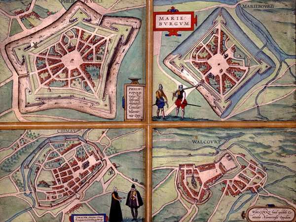 خرائط فيليبفيل ، مارييمبورغ ، شيماي ، والكورت ، من "Civitates Orbis Terrarum" بقلم جورج براون (1541-1622) وفرانس هوغنبرغ (1535-90) حوالي 1572-1617 (نقش ملون) بواسطة جوريس (بعد) هوفناجل