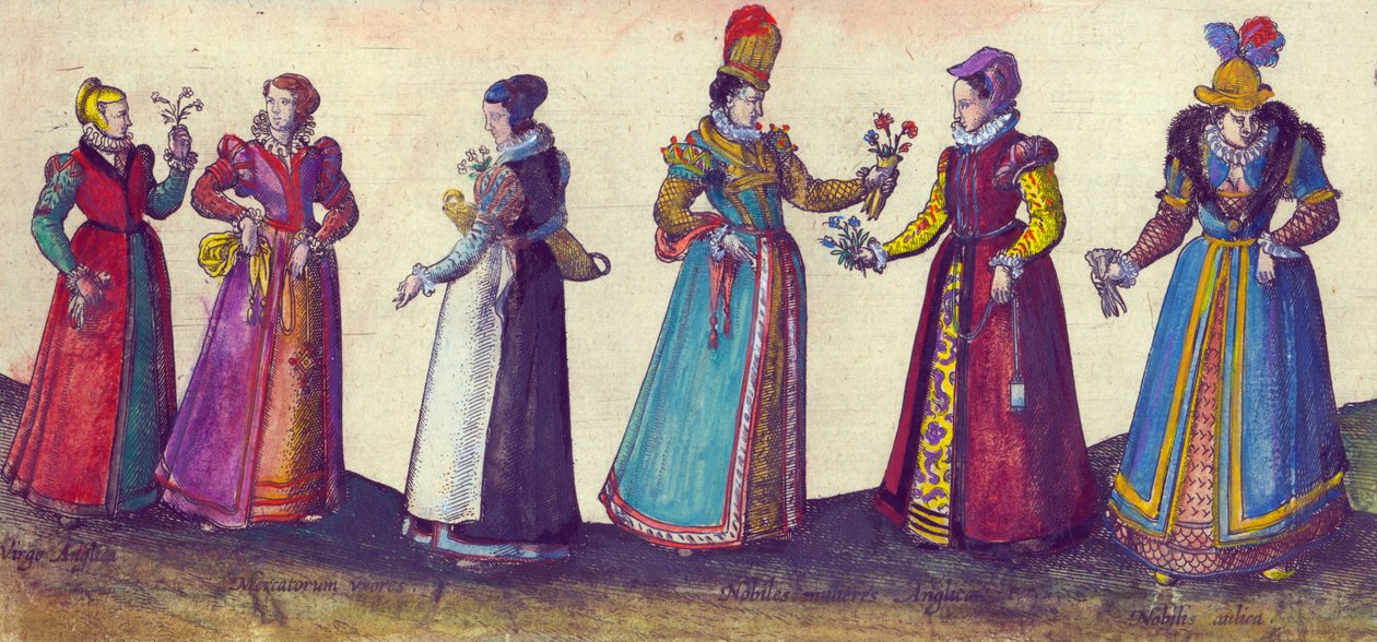 النساء الإنجليز في العصر الإليزابيثي ، 1598 (نقش نحاسي ملون باليد) بواسطة جوريس هوفناجل