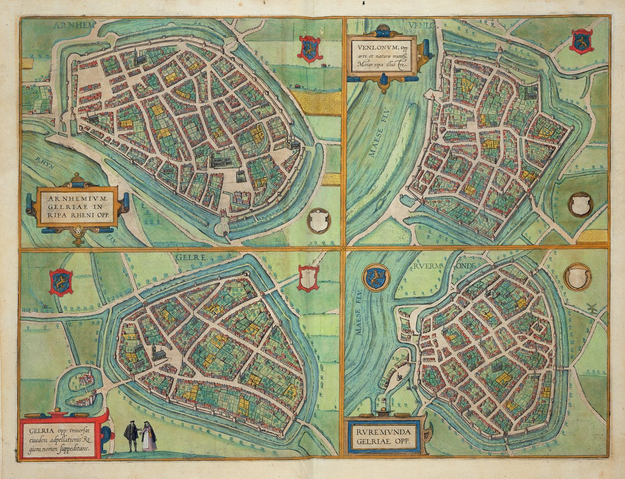 خريطة أرنهيم ، وفيلمو ، وجيلر ، ورورم ، من "Civitates Orbis Terrarum" لجورج براون (1541-1622) وفرنس هوجنبرج (1535-90) c.1572-1617 بواسطة جوريس هوفناجل