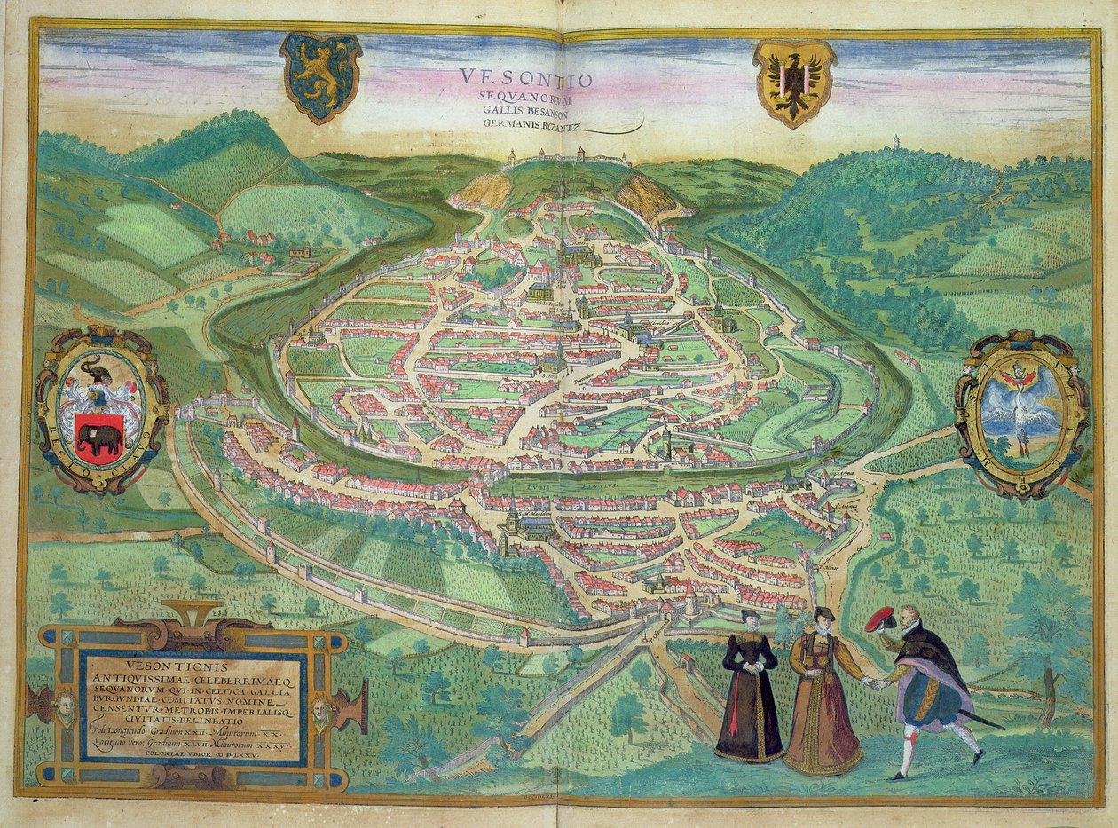 خريطة بيزانسون ، مأخوذة من "Civitates Orbis Terrarum" لجورج براون (1541-1622) و فرانس هوجينبرغ (1535-1590) ، 1575 (نقش الألوان) بواسطة جوريس هوفناجل
