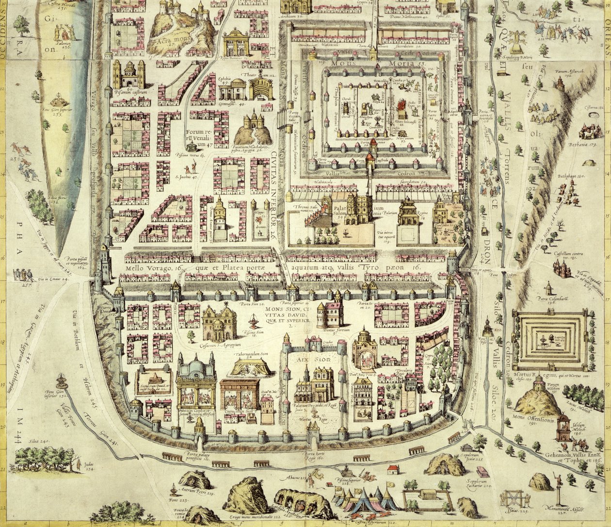 خريطة القدس والمنطقة المحيطة بها ، من "Civitates Orbis Terrarum" لجورج بروم (1541-1622) وفرنس هوجنبرج (1535-90) c.1572-1617 (انظر 138905) بواسطة جوريس هوفناجل