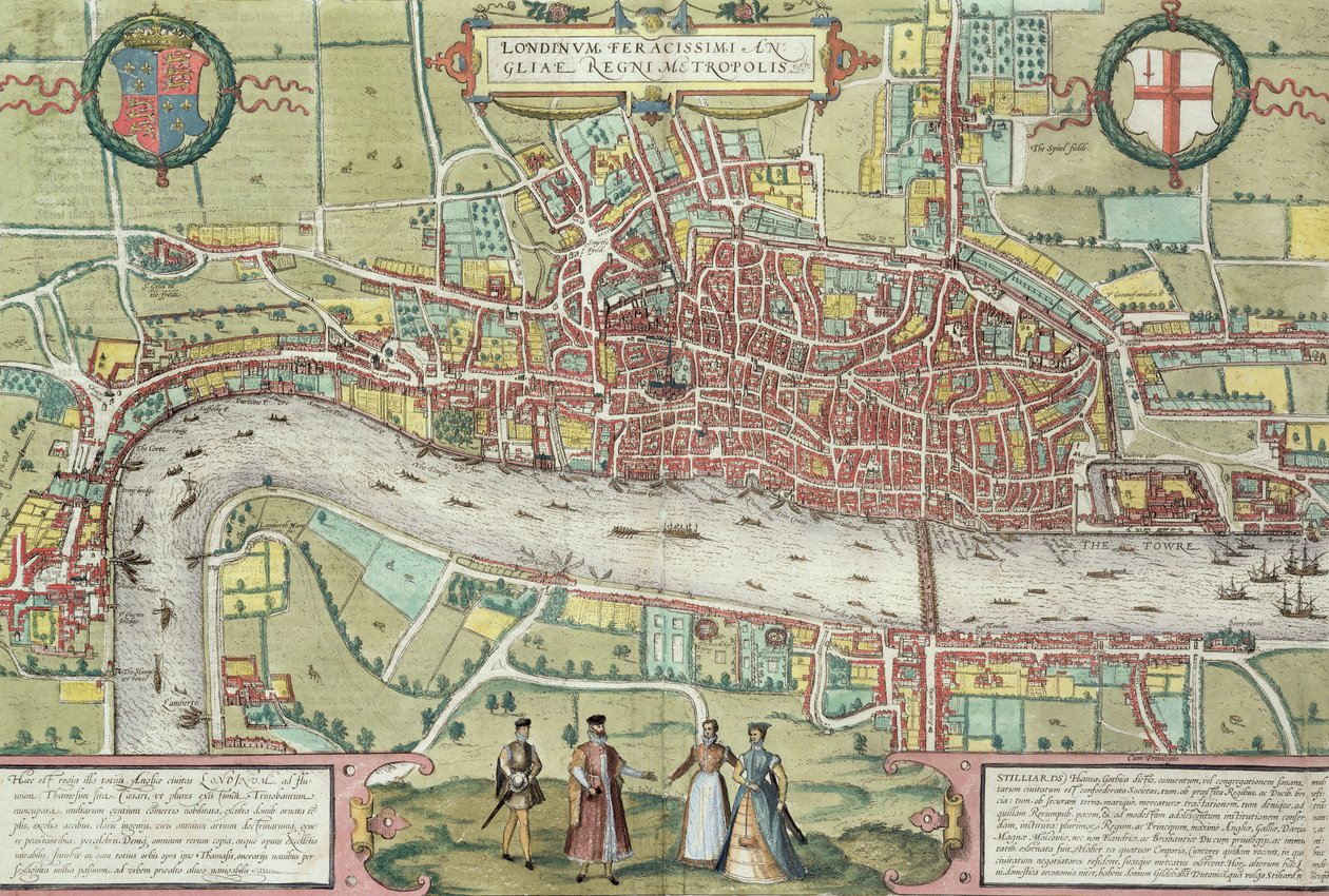 خريطة لندن ، من "Civitates Orbis Terrarum" لجورج براون (1542-1622) و فرانس هوجينبورج (1635-90) ، ج .1572 (انظر أيضًا 51896 و 58543) بواسطة جوريس هوفناجل