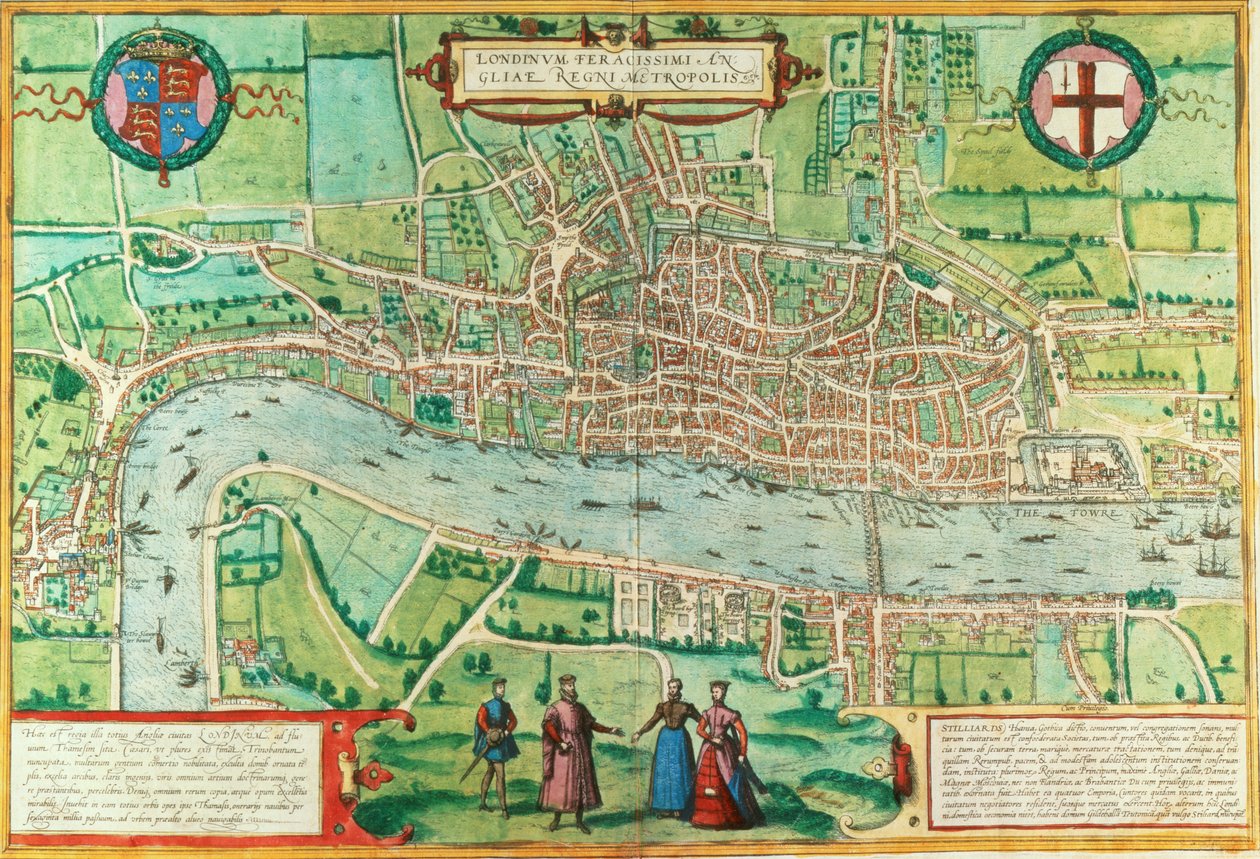 خريطة لندن ، من "Civitates Orbis Terrarum" ، بقلم جورج براون (1542-1622) و فرانس هوجينبورج (1635-90) ، ج .1572 (انظر أيضًا 51896 و 66112) بواسطة جوريس هوفناجل