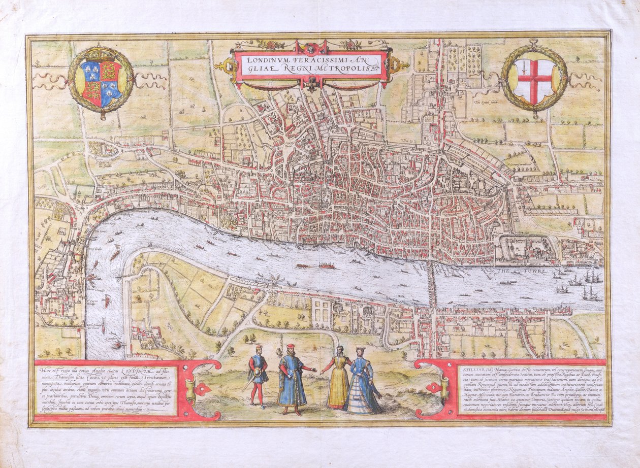 خريطة لندن ، من Civitates Orbis Terrarum ، بقلم جورج براون (1542-1622) و فرانس هوجينبرغ (1635-90) ، ج .1572 (انظر أيضًا 51896 و 58543) بواسطة جوريس هوفناجل