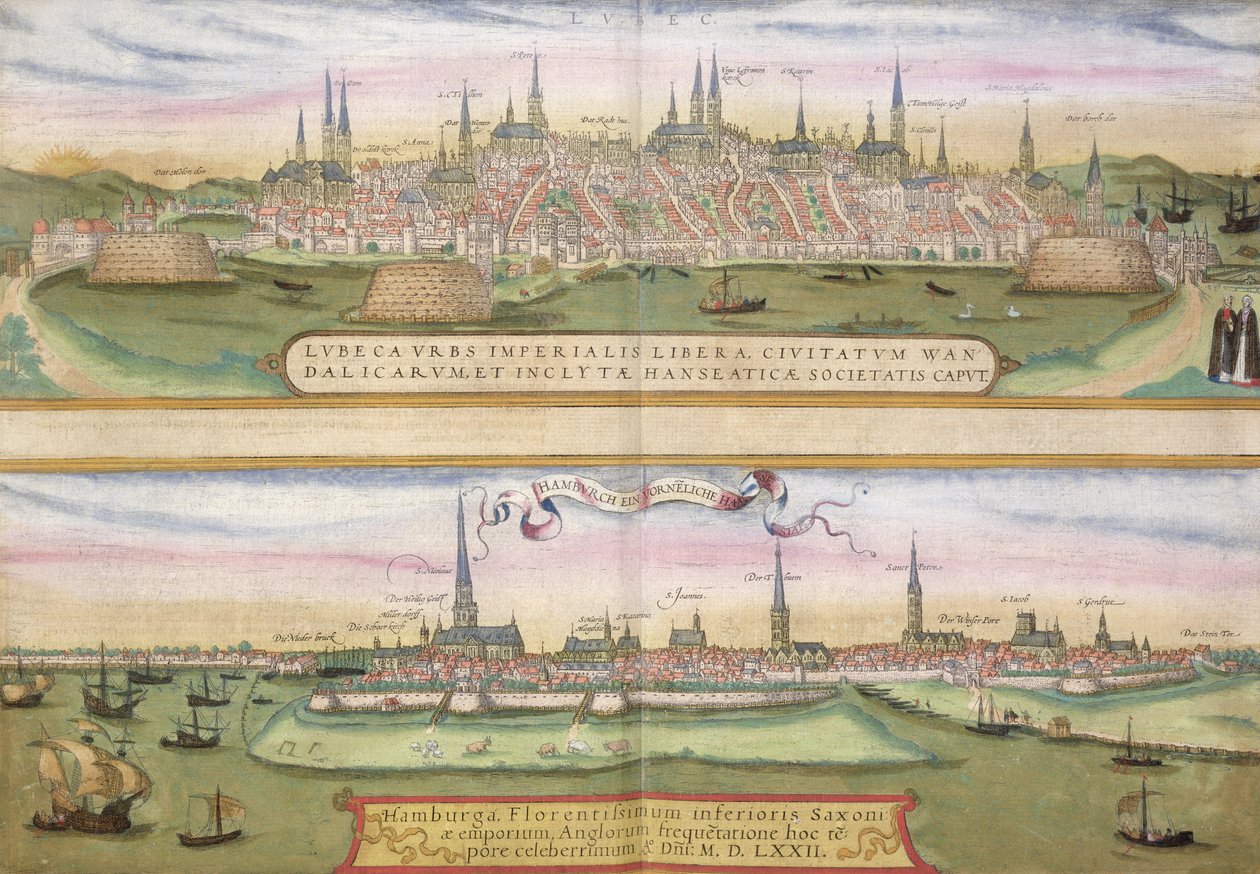 خريطة لوبيك وهامبورغ ، من "Civitates Orbis Terrarum" لجورج براون (1541-1622) و فرانس هوجنبرج (1535-90) ، ج .1572 (نقش الألوان) بواسطة جوريس هوفناجل