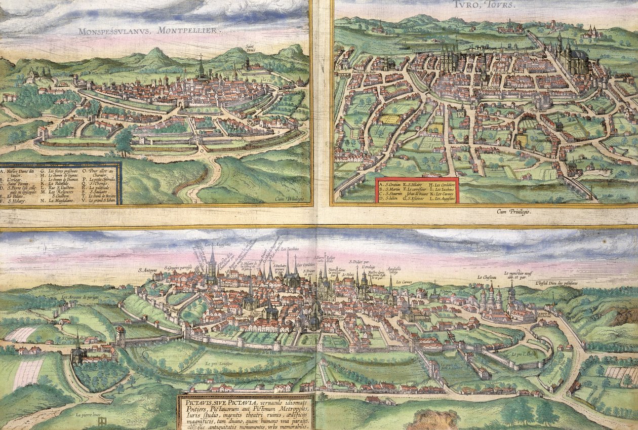 خريطة مونبلييه ، جولات ، وبواتييه ، من "Civitates Orbis Terrarum" لجورج براون (1541-1622) وفرنس هوجنبرج (1535-90) ، ج .1572 بواسطة جوريس هوفناجل