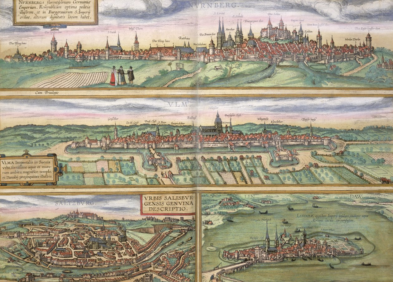 خريطة نورمبرج وأولم وسالتسبورغ ، من "Civitates Orbis Terrarum" لجورج براون (1541-1622) وفرنس هوجنبرج (1535-90) ، c.1572 (نقش الألوان) بواسطة جوريس هوفناجل