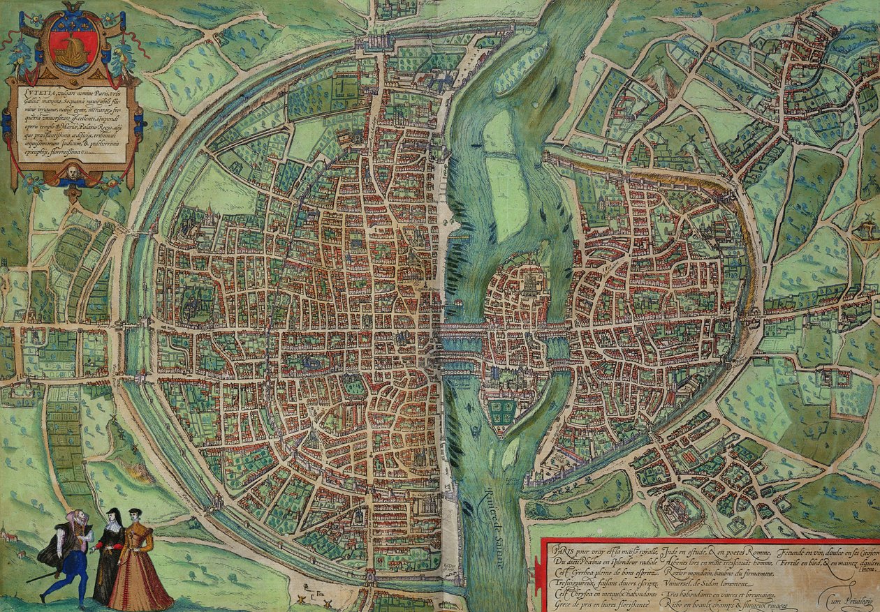 خريطة باريس ، من "Civitates Orbis Terrarum" لجورج براون (1541-1622) و فرانس هوجينبرغ (1535-90) ، c.1572 (نقش الألوان) بواسطة جوريس هوفناجل