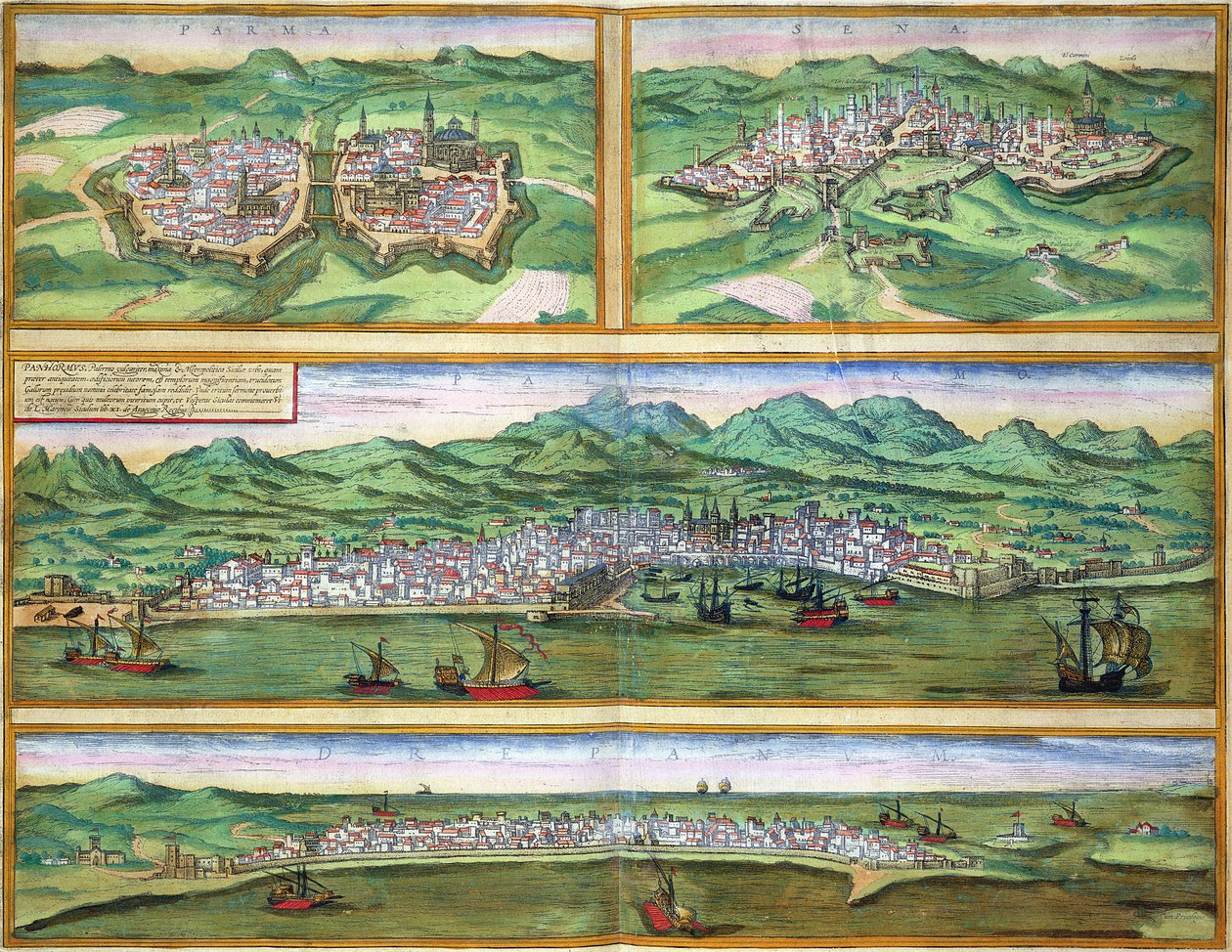 خريطة بارما ، سيينا ، باليرمو ، ودريبان ، من "العالم" بقلم براون (1541-1622) وفرانز هوغنبرغ (1535-90) ، ج .1572 بواسطة جوريس هوفناجل