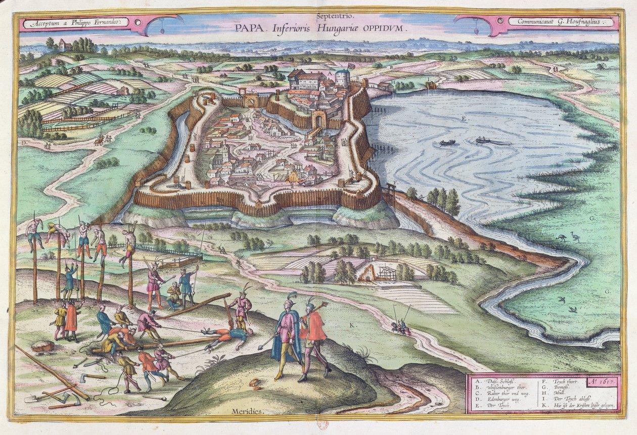 حصن بابا المجري في وقت الحصار العثماني ، من "مسرح المسرح موند" لجورج براون (1541-1622) المنشور في كولونيا 1572-1618 ، 1617 بواسطة جوريس هوفناجل