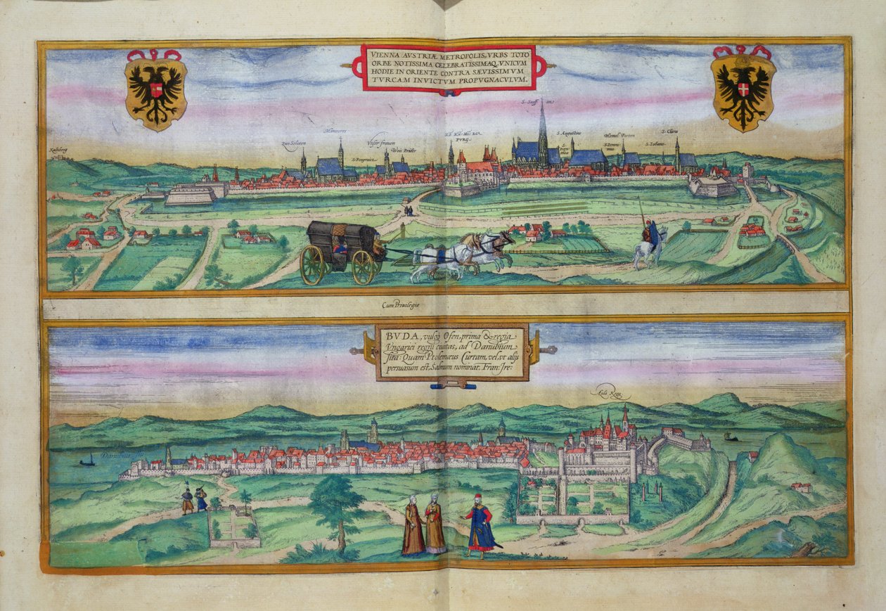 مخطط مدينة فيينا وبودا ، من "Civitates Orbis Terrarum" لجورج براون (1541-1622) و فرانس هوجنبرج (1535-1590) ، ج .1572 بواسطة جوريس هوفناجل
