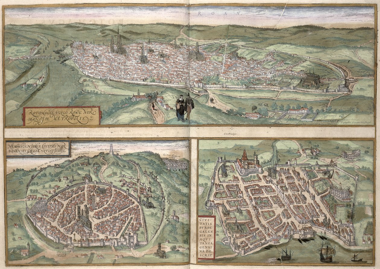 خطط المدن لروان نيم وبوردو من "العالم" بقلم براون (1541-1622) وفرانز هوغنبرغ (1535-1590) ، ج .1572 بواسطة جوريس هوفناجل