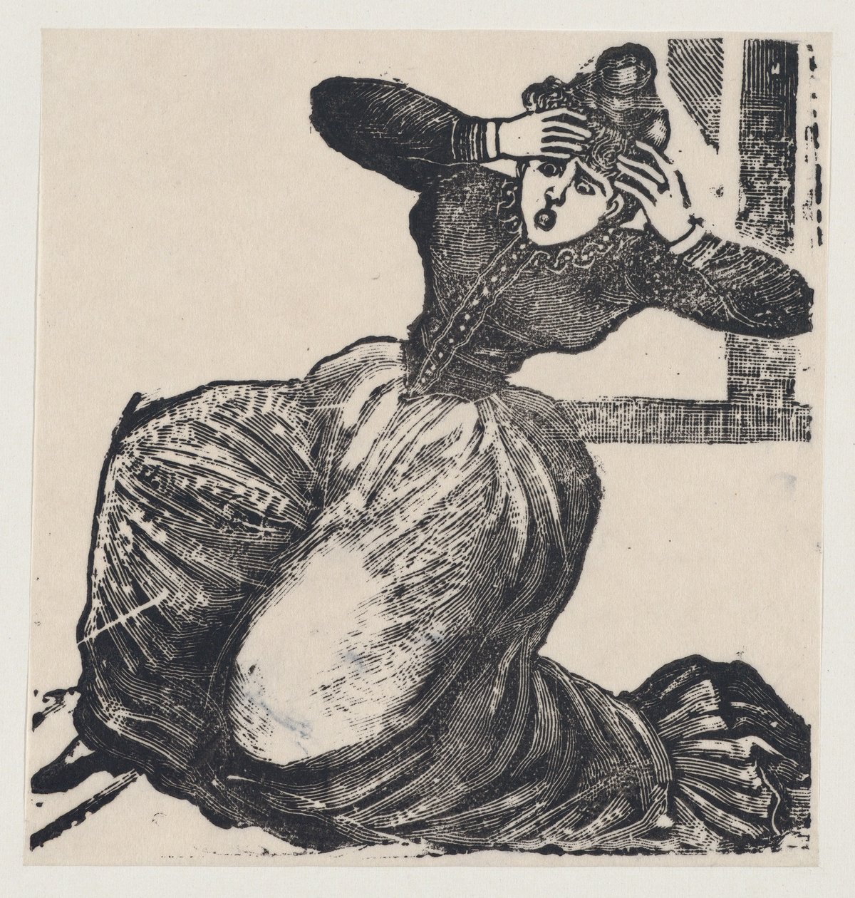 امرأة تلهث على الأرض ويداها مرفوعتان إلى رأسها ، من اتساع بعنوان ... ، 1893. بواسطة خوسيه غوادالوبي بوسادا