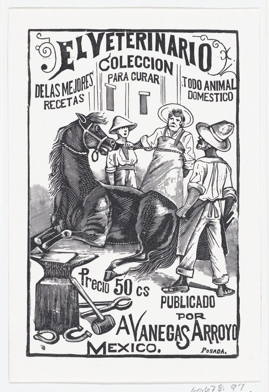 مجموعة من الأشخاص يحيطون بحصان ، رسم توضيحي لـ 'El Veterinario The Vete ...، ca. 1880-1910. بواسطة خوسيه غوادالوبي بوسادا