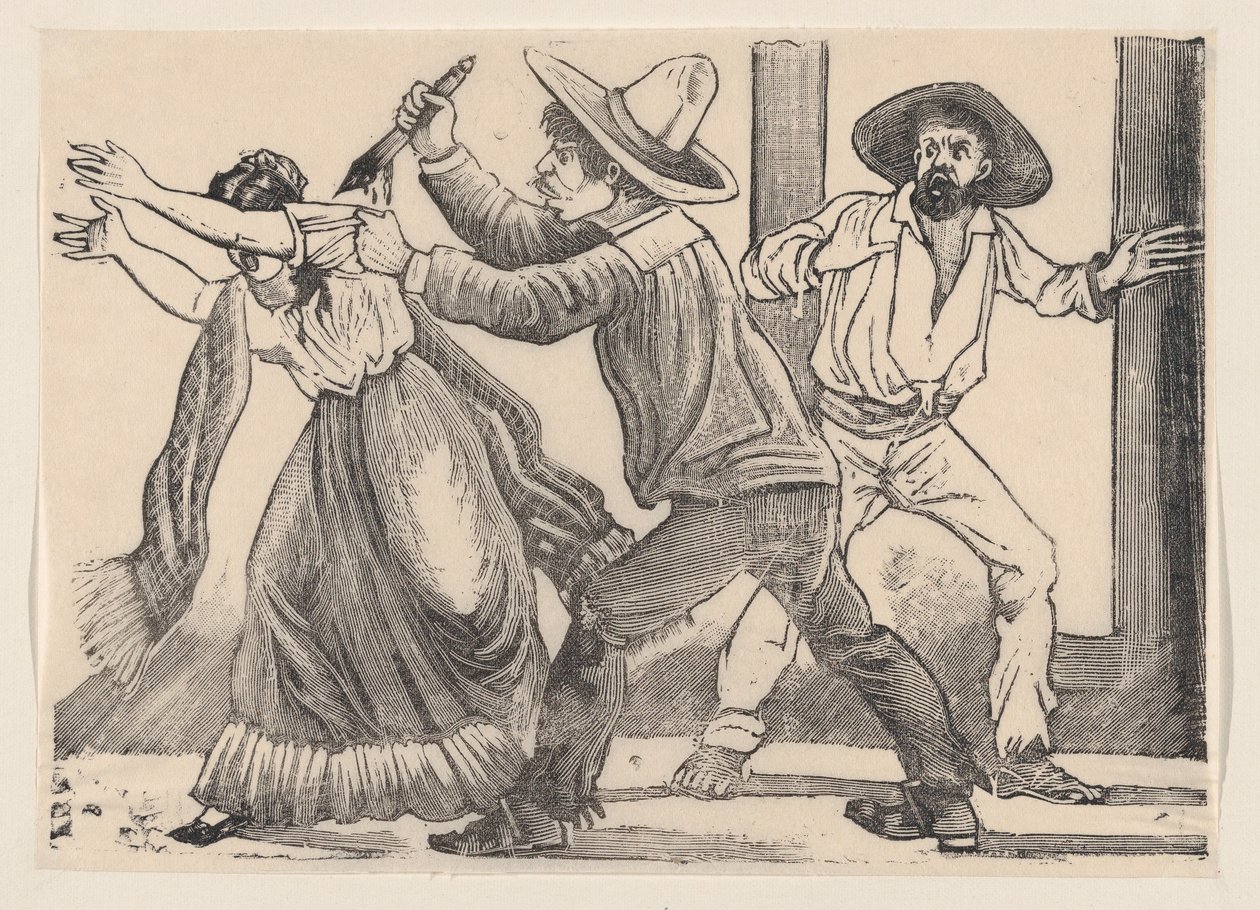 رجل يمسك امرأة من كمها ويطعنها ، من عريض بعنوان `` الرماد ... ، 1891. بواسطة خوسيه غوادالوبي بوسادا