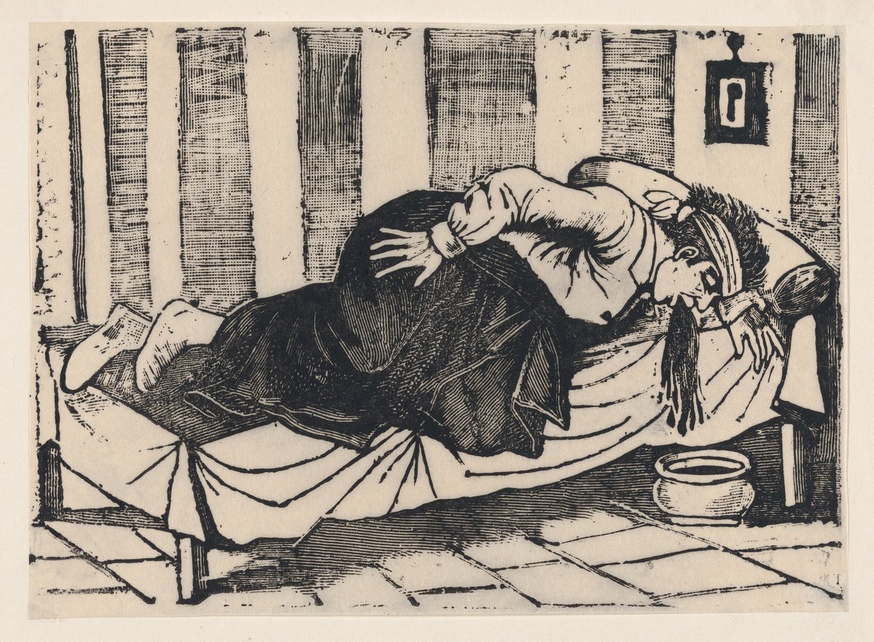 رجل متكئ على جانب سرير يتقيأ ، من عريضة بعنوان `` موت أوريليو ... ، 1892. بواسطة خوسيه غوادالوبي بوسادا