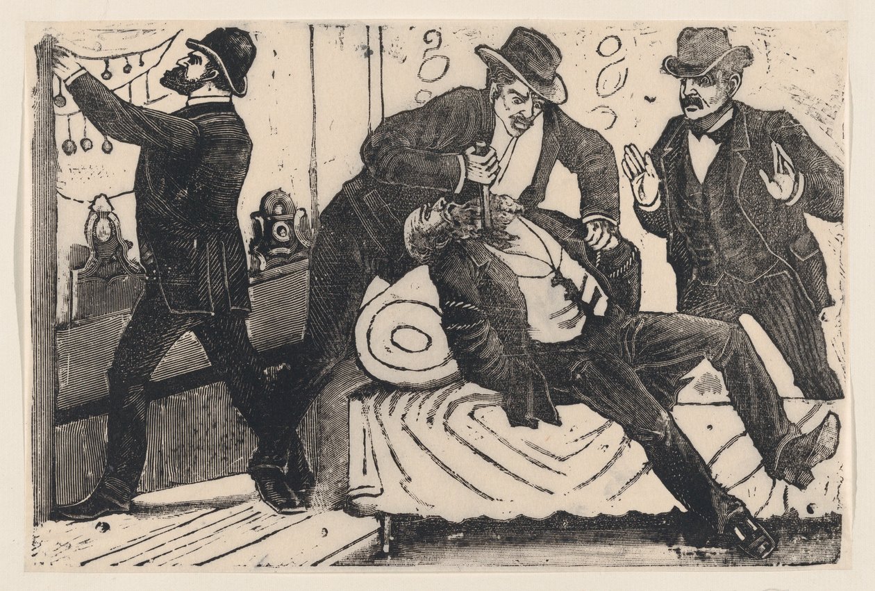 رجل يطعن رجلاً آخر في صدره بينما ينهبه رفاقه متجرًا ، من ... ، كاليفورنيا. 1890-1891. بواسطة خوسيه غوادالوبي بوسادا