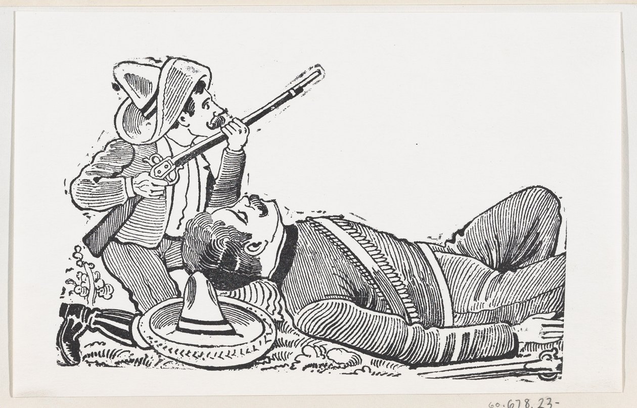 ثوري يحمل بندقية ويركع لحماية ثوري ساقط ، ج ... ، كاليفورنيا. 1880-1910. بواسطة خوسيه غوادالوبي بوسادا