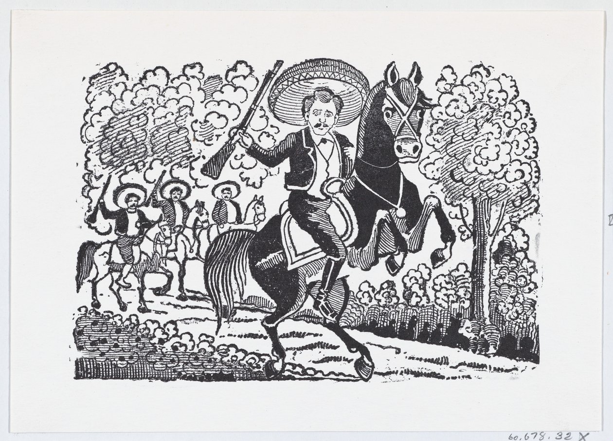 جندي ثوري يمتطي حصانًا يحمل بندقية هيراكليو برنال ، كاليفورنيا. 1880-1910. ، كاليفورنيا. 1880-1910. بواسطة خوسيه غوادالوبي بوسادا