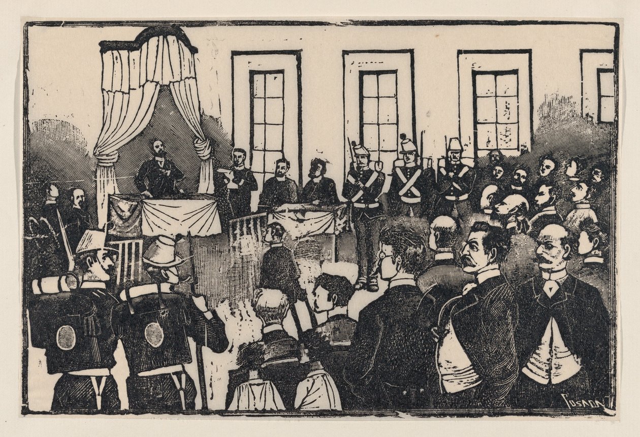 محاكمة قتلة توماس هيرنانديز أغيري ، من انتقاد بعنوان 'E ...، ca. 1890-1891. بواسطة خوسيه غوادالوبي بوسادا