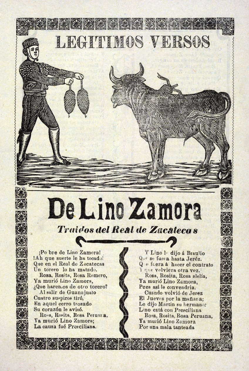 آيات مشروعة من تأليف لينو زامورا تم إحضارها من Real de Zacatecas ، تم نشرها عام 1903 بواسطة خوسيه غوادالوبي بوسادا