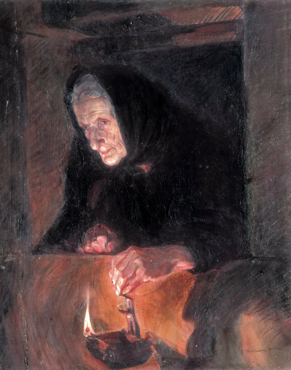 السيدة العجوز لديها مصباح الزيت. رسم خوسيه بينليور أورتيز (1884-1916) زيت على قماش. فالنسيا. متحف Bellas Artes San Pio V. بواسطة خوسيه بينليور أورتيز
