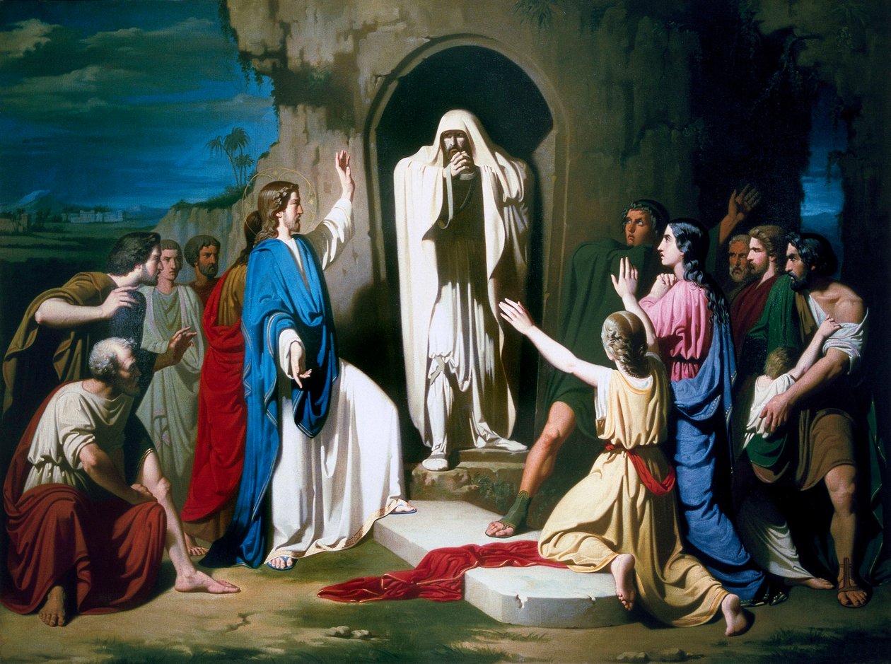 “" The Resurrection of Lazarus "” Painting by Jose Casado del Alisal (1832-1886) about 1855 Madrid. Museum of the Real Academy of San Fernando. spain بواسطة خوسيه كاسادو ديل أليسال