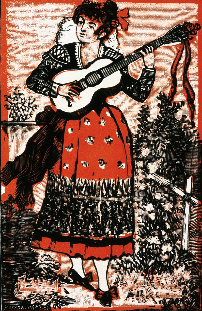 غلاف كتاب أغاني يمثل امرأة مكسيكية مع الغيتار. نقش لخوسيه غوادالوبي بوسادا (1852-1913). نقش بواسطة خوسيه غوادالوبي بوسادا