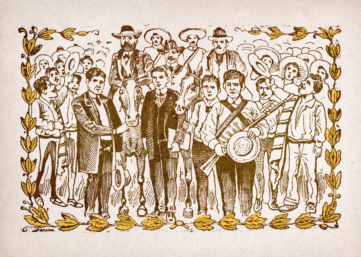 Mexico, Mexican Revolution: “" El Triunfo de Madero "” (Francisco Indalecio Madero Gonzalez (1873-1913) elected president with the support of revolutionaries Villa and Zapata. Portrait on horseback in the middle of the crowd of his followers. Engraving by  بواسطة خوسيه غوادالوبي بوسادا